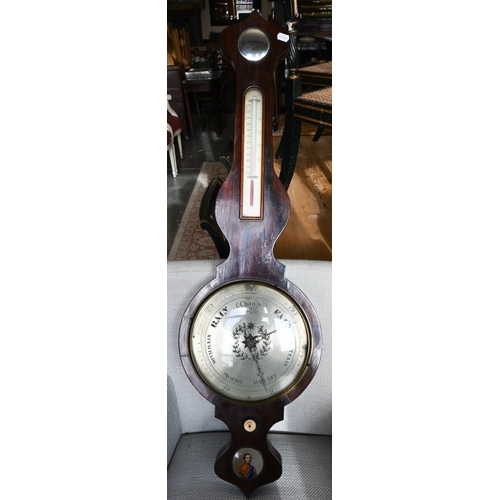 447 - A 19th century rosewood wheel barometer with silvered dials and printed portrait of Prince Albert, 1... 