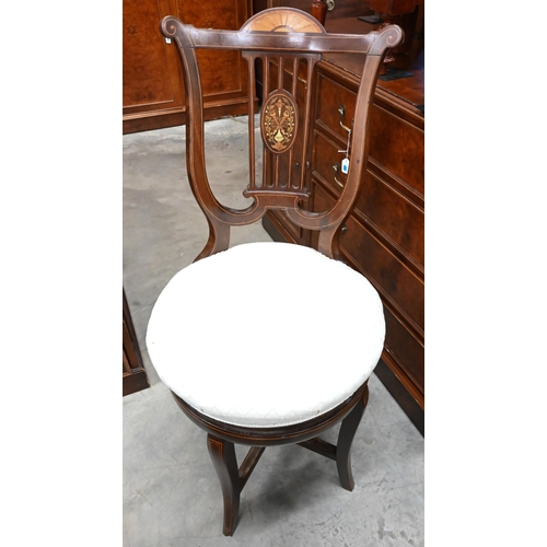 429 - Edwardian ivorine inlaid Sheraton Revival style music chair (the seat adjustable)