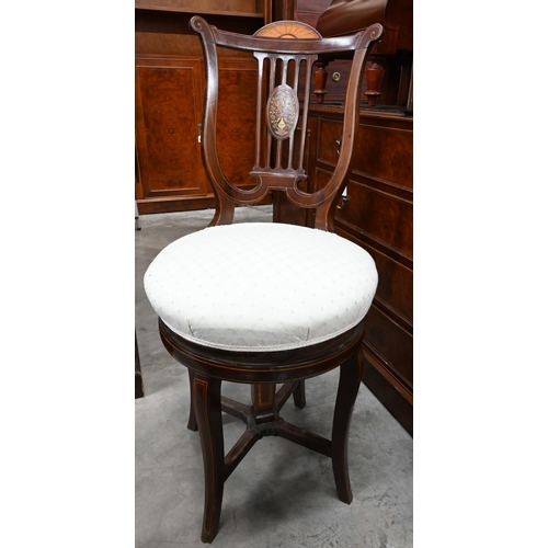 429 - Edwardian ivorine inlaid Sheraton Revival style music chair (the seat adjustable)