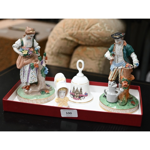 100 - Pair of Dresden porcelain figures - male and female gardeners, 18 cm to/w a Royal Worcester candle-s... 