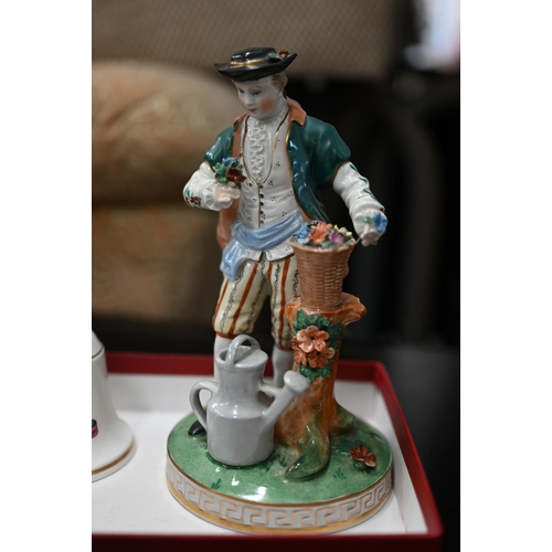 100 - Pair of Dresden porcelain figures - male and female gardeners, 18 cm to/w a Royal Worcester candle-s... 