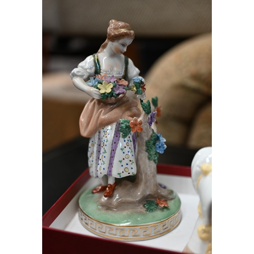 100 - Pair of Dresden porcelain figures - male and female gardeners, 18 cm to/w a Royal Worcester candle-s... 