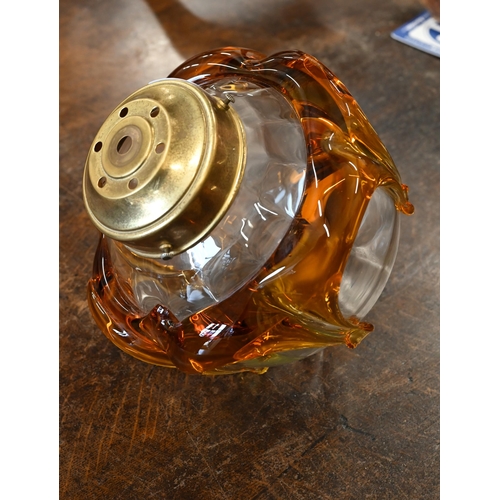 115 - Globular glass ceiling lightshade with amber glass 'melting' applique, 20 cm diam