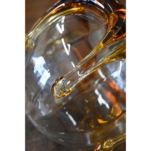 115 - Globular glass ceiling lightshade with amber glass 'melting' applique, 20 cm diam