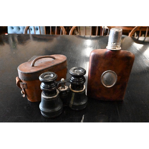 116 - Silver-mounted hip-flask to/w a pair of 19th century Dollond binoculars in leather case (2)