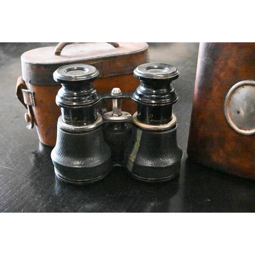 116 - Silver-mounted hip-flask to/w a pair of 19th century Dollond binoculars in leather case (2)