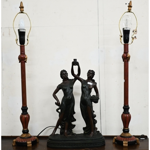 117 - Pair of tall pillar table lamps, 70 cm high to/w a lamp-base cast as two female figures (3)