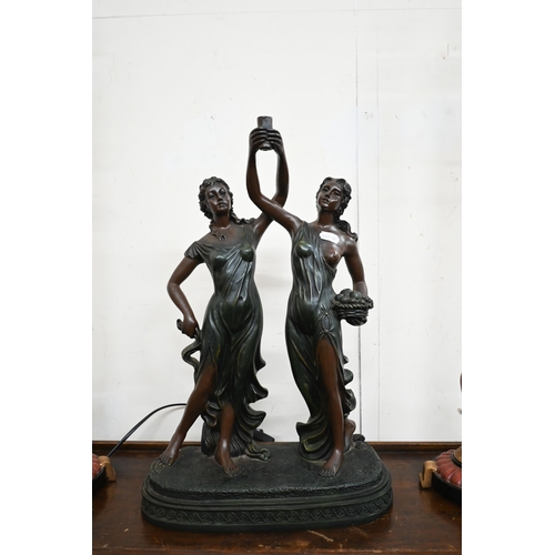 117 - Pair of tall pillar table lamps, 70 cm high to/w a lamp-base cast as two female figures (3)