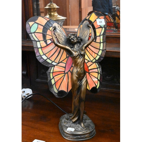 119 - Bronzed resin table lamp modelled as a fairy with Tiffany-style marbled glass wings shade, 39 cm hig... 