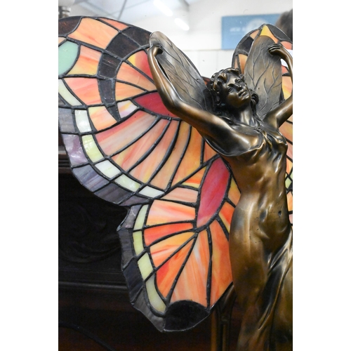 119 - Bronzed resin table lamp modelled as a fairy with Tiffany-style marbled glass wings shade, 39 cm hig... 