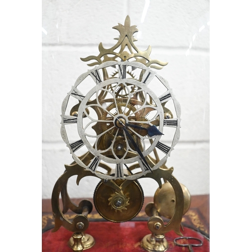 120 - Victorian brass skeleton clock with fusee movement and replacement silvered dial 30 cm high, under a... 