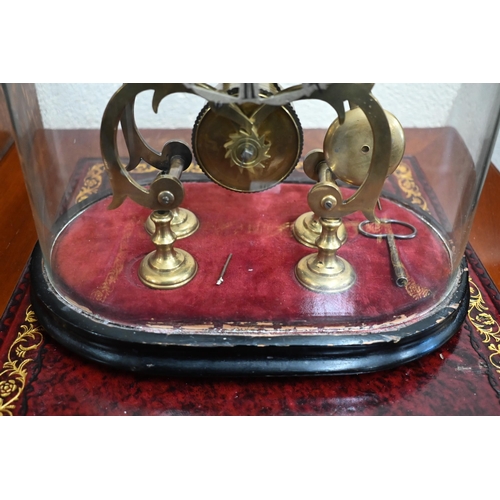 120 - Victorian brass skeleton clock with fusee movement and replacement silvered dial 30 cm high, under a... 