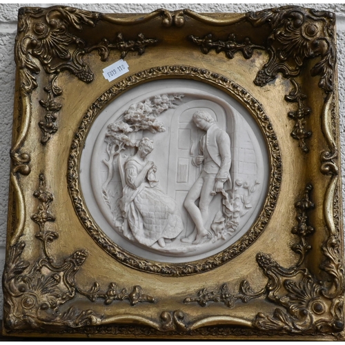 121 - Two gilt-framed reconstituted marble circular relief plaques depicting courting couple and playful p... 