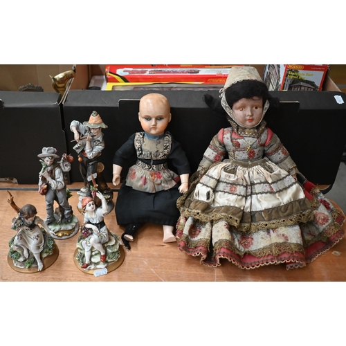 133 - Four Capodimonte china figurines to/w two vintage Continental costume dolls (box)