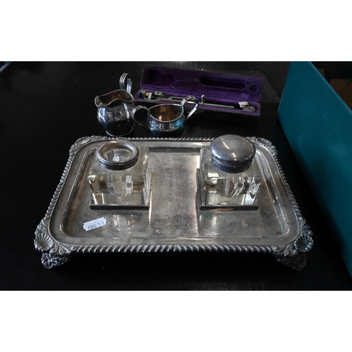 141 - 19th century plated on copper cream and sugar pair, to/w an epns inkstand, various flatware and a ca... 