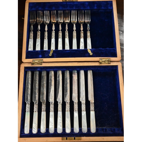 145 - Victorian cased part-set of nine electroplated dessert knives and forks with mother of pearl handles... 