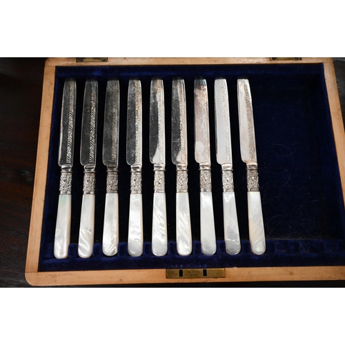 145 - Victorian cased part-set of nine electroplated dessert knives and forks with mother of pearl handles... 