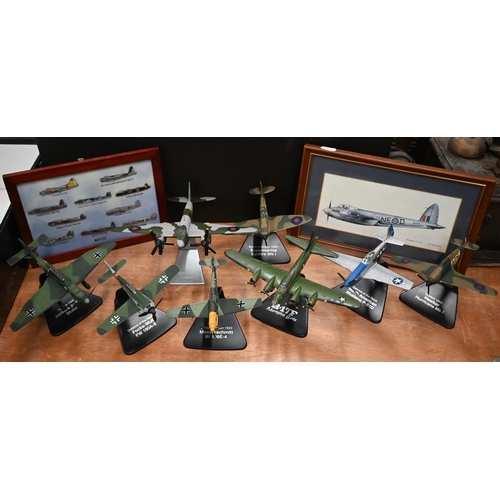 146 - Eight die-cast metal World War 2 model aircraft on stands to/w ten framed Atlas Editions enamel lape... 