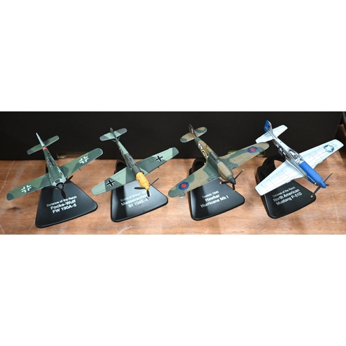 146 - Eight die-cast metal World War 2 model aircraft on stands to/w ten framed Atlas Editions enamel lape... 