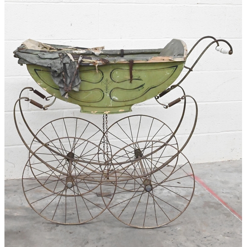 157 - # An antique baby's pram with painted body, china handle and wrought iron frame