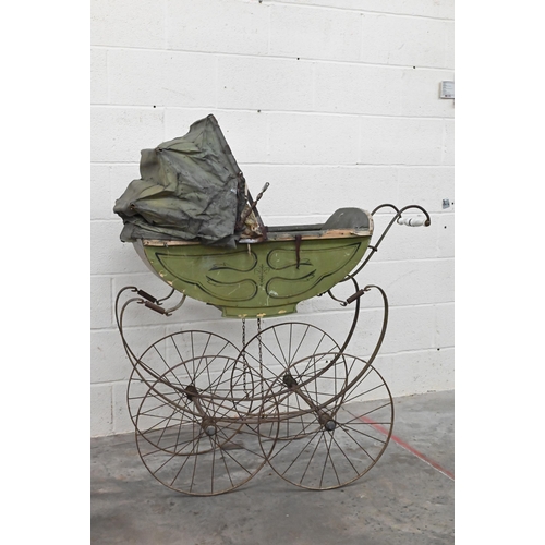 157 - # An antique baby's pram with painted body, china handle and wrought iron frame