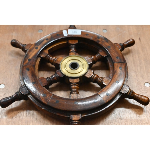 166 - Brass-mounted teak boat-wheel with six spokes, 43 cm overall