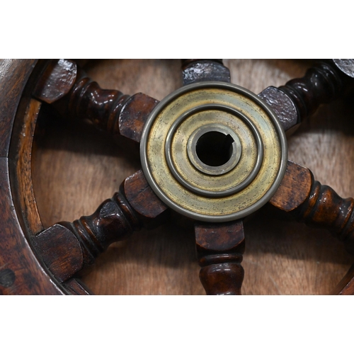 166 - Brass-mounted teak boat-wheel with six spokes, 43 cm overall