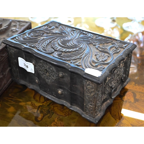168 - Antique Indian carved ebony casket with silver mounts, 21 cm wide to/w a foliate carved teak box (2)