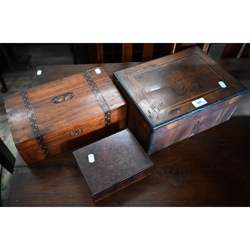 197 - Coromandel cigar box with inlaid frieze of ducks, 18 cm wide to/w a Tunbridge ware work-box, Jerusal... 