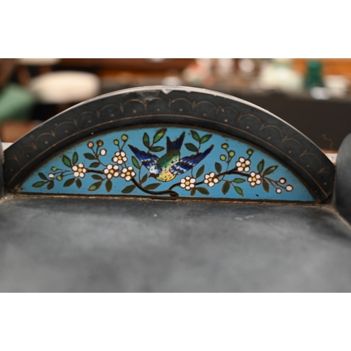 198 - Aesthetic Movement slate mantel clock with French drum movement, painted enamel dial and champlevée ... 