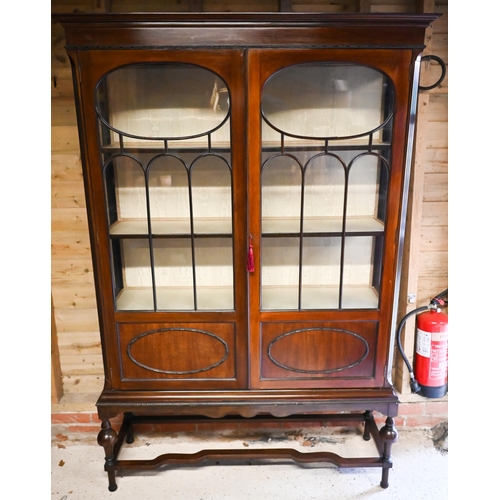20 - A part glazed red walnut display cabinet on stand, early 20th century