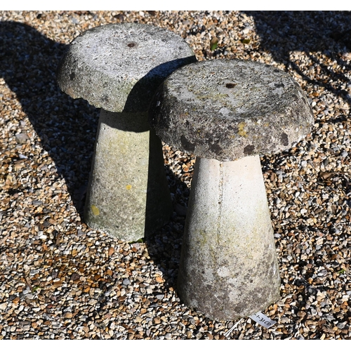 3 - A weathered pair of miniature cast stone toadstools to/w a cast trio of stone owls (3)