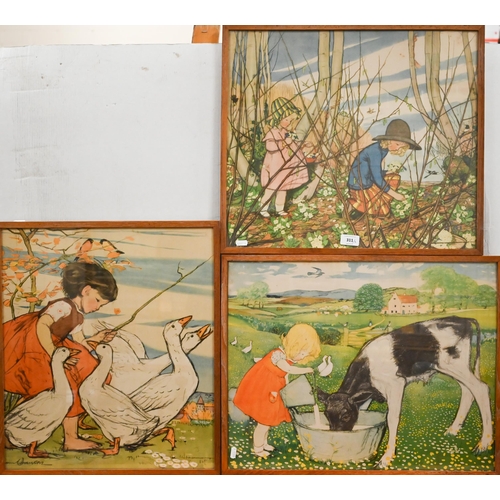 311 - After Muriel Dawson (1897-1974) - Three nursery prints, The Goose Girl, Feeding the Calf, 45 x 51 cm... 