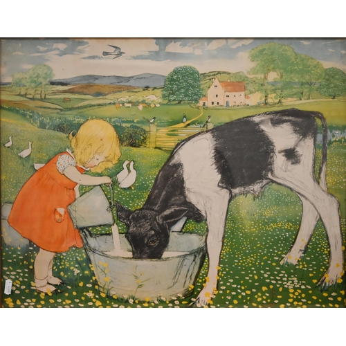 311 - After Muriel Dawson (1897-1974) - Three nursery prints, The Goose Girl, Feeding the Calf, 45 x 51 cm... 