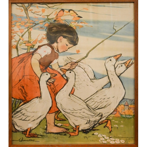 311 - After Muriel Dawson (1897-1974) - Three nursery prints, The Goose Girl, Feeding the Calf, 45 x 51 cm... 