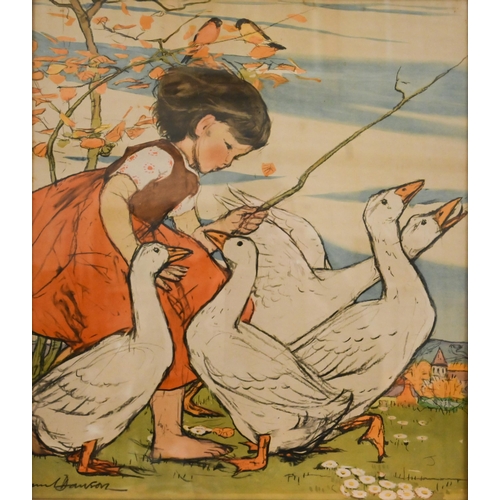 311 - After Muriel Dawson (1897-1974) - Three nursery prints, The Goose Girl, Feeding the Calf, 45 x 51 cm... 