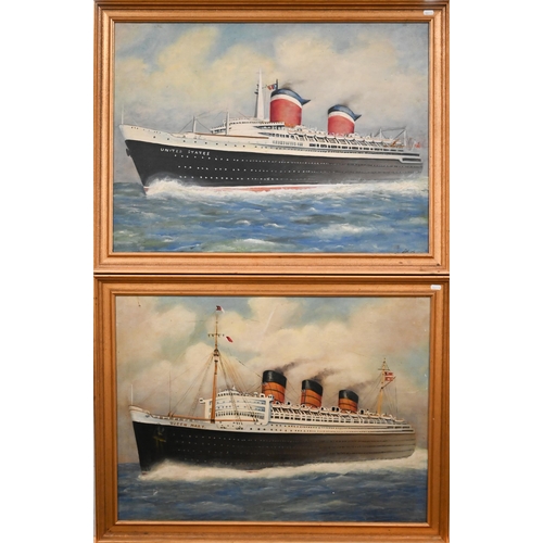 318 - Two oil on canvas studies of ocean liners - The United States and Queen Mary, one signed, 55 x 75 cm... 