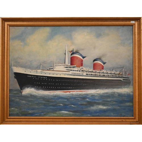 318 - Two oil on canvas studies of ocean liners - The United States and Queen Mary, one signed, 55 x 75 cm... 