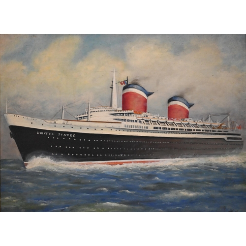 318 - Two oil on canvas studies of ocean liners - The United States and Queen Mary, one signed, 55 x 75 cm... 