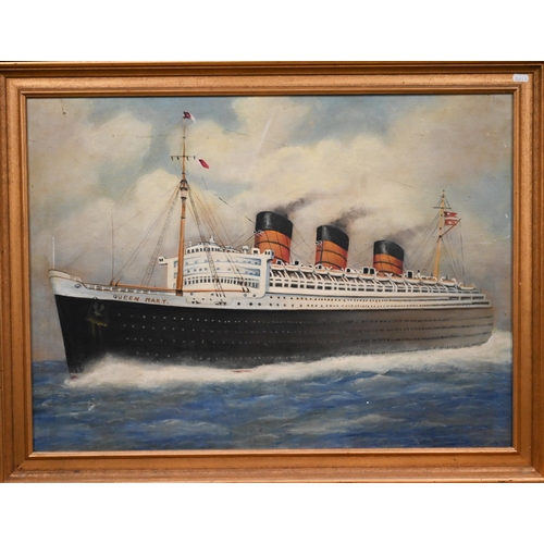 318 - Two oil on canvas studies of ocean liners - The United States and Queen Mary, one signed, 55 x 75 cm... 