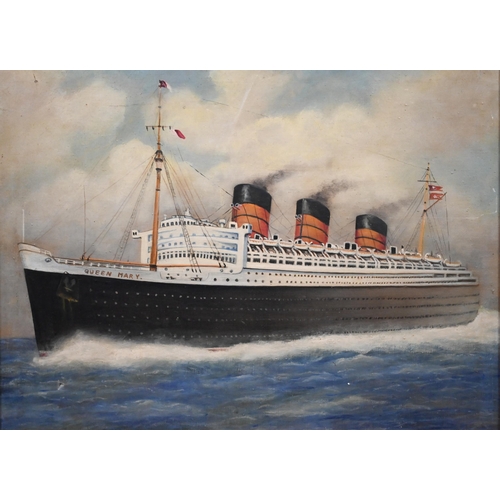 318 - Two oil on canvas studies of ocean liners - The United States and Queen Mary, one signed, 55 x 75 cm... 