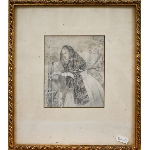 337 - Mixed pictures to include 19th century pencil study of young lady in checked shawl, 13.5 x 11.5 cm; ... 