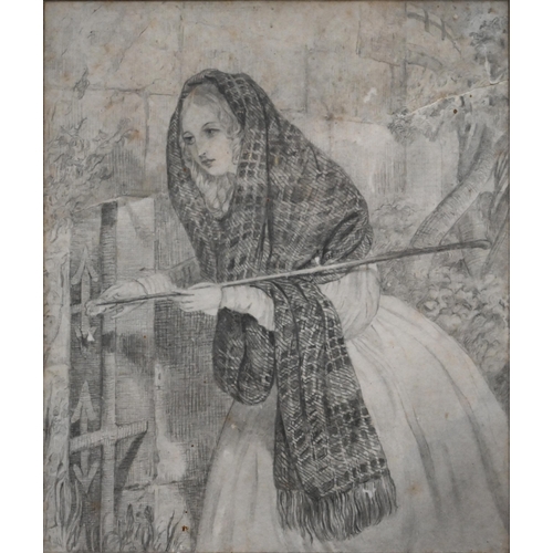 337 - Mixed pictures to include 19th century pencil study of young lady in checked shawl, 13.5 x 11.5 cm; ... 