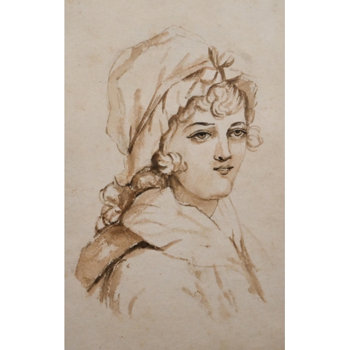 337 - Mixed pictures to include 19th century pencil study of young lady in checked shawl, 13.5 x 11.5 cm; ... 