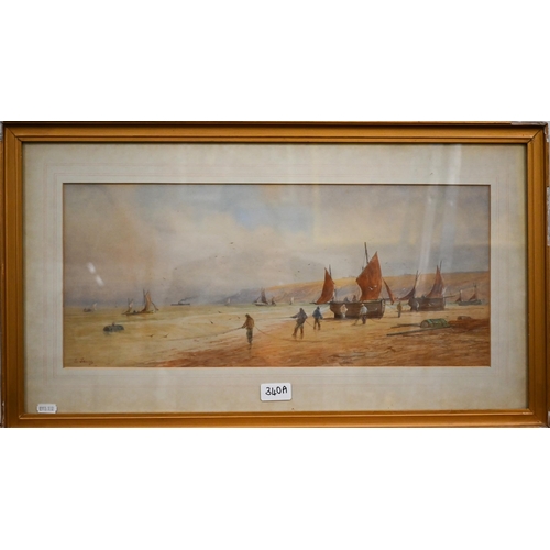 340A - L Lewis (1826-1913) - Fisherman on foreshore bringing in nets, watercolour, signed, 23 x 53 cm