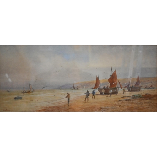 340A - L Lewis (1826-1913) - Fisherman on foreshore bringing in nets, watercolour, signed, 23 x 53 cm