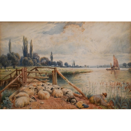 341 - Myles Birket Foster attrib - The Thames at Wargrave, watercolour, bears monogram, 9.5 x 13.5 cm