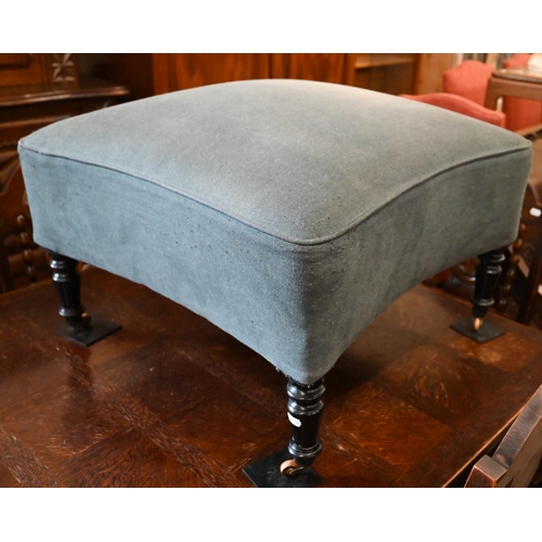 430 - An antique shaped square footstool with blue/grey linen upholstery on turned legs, 70 x 70 x 45 cm&n... 