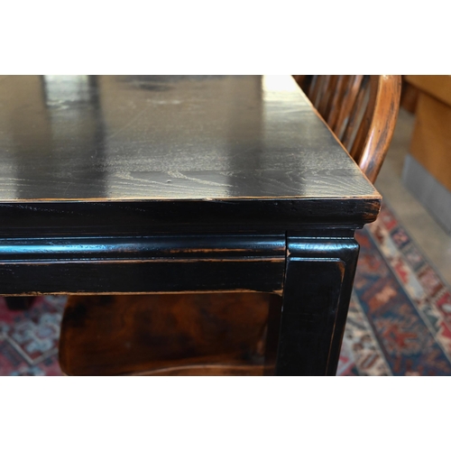 435 - A Lombok Chinese-style black lacquered extending dining table with single central leaf, the top inse... 