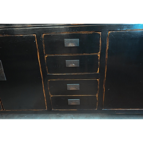 436 - A Lombok Chinese-style black lacquered sideboard, four central drawers flanked by cupboards all with... 